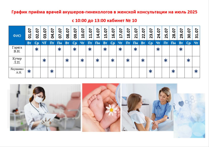График приёма врачей акушеров-гинекологов в женской консультации на июль 2025 с 10:00 до 13:00 кабинет № 10 График приёма врачей акушеров-гинекологов в женской консультации на июль 2025 с 10:00 до 13:00 кабинет № 10.